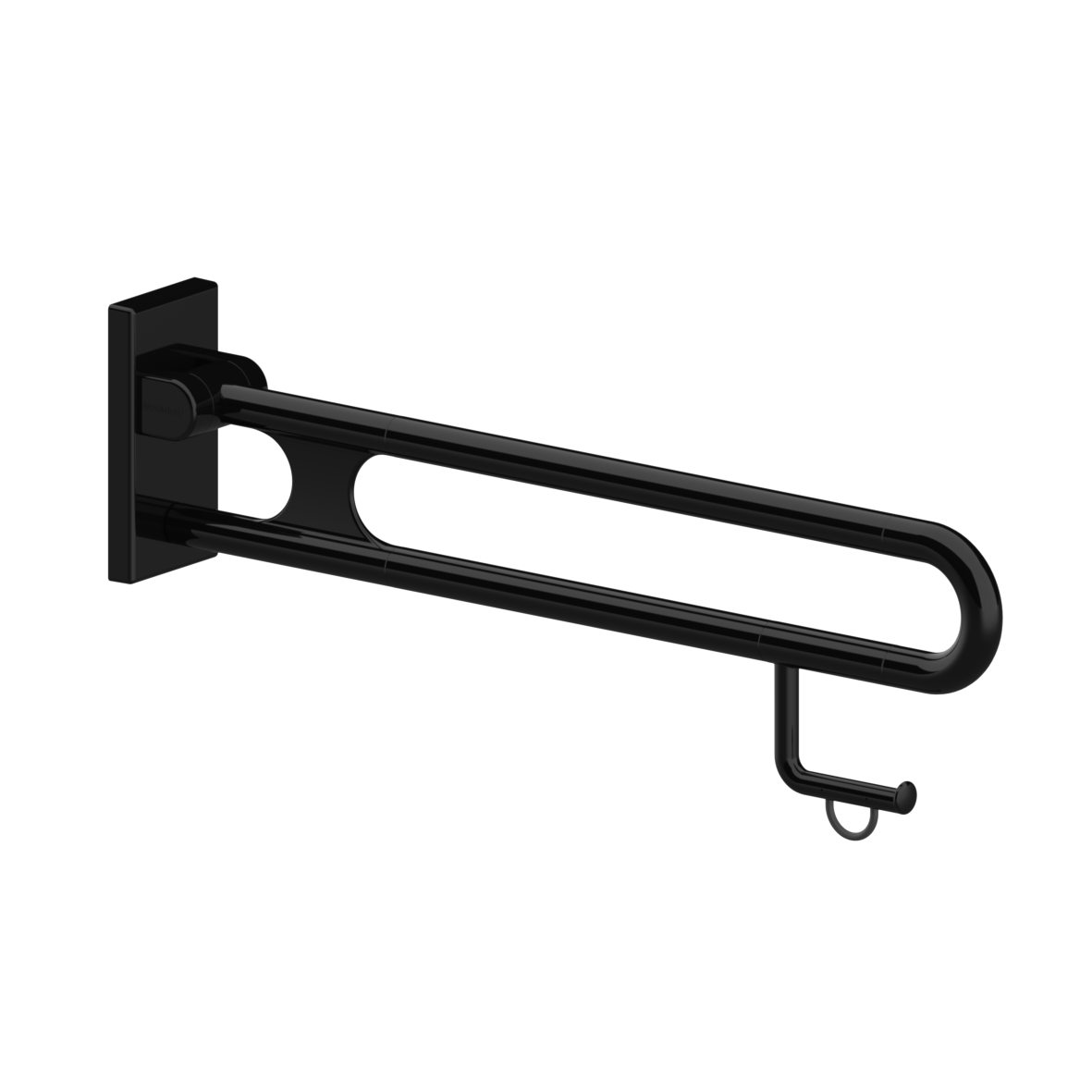 Nylon Care Stützklappgriff vario, mit Grundplatte, mit Papierrollenhalter, L = 850 mm, Schwarz Nylon Care Stützklappgriff vario, mit Grundplatte, mit Papierrollenhalter, L = 850 mm, Schwarz