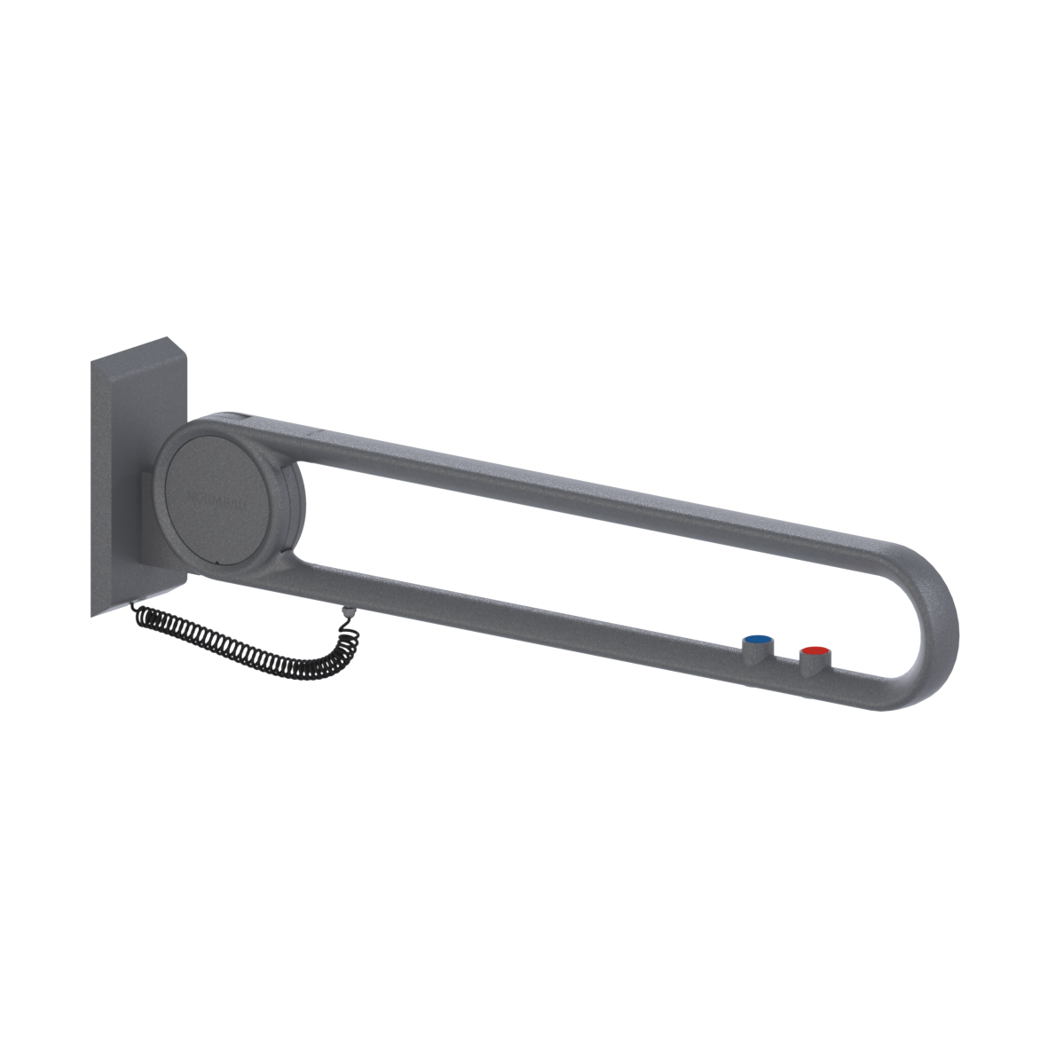 Cavere Care Lift-up support rail vario, with base plate, with 2 E-buttons (WC and call: NOC and NCC), L = 850 mm, connection covered with mounting plate, Cavere Metallic anthracite