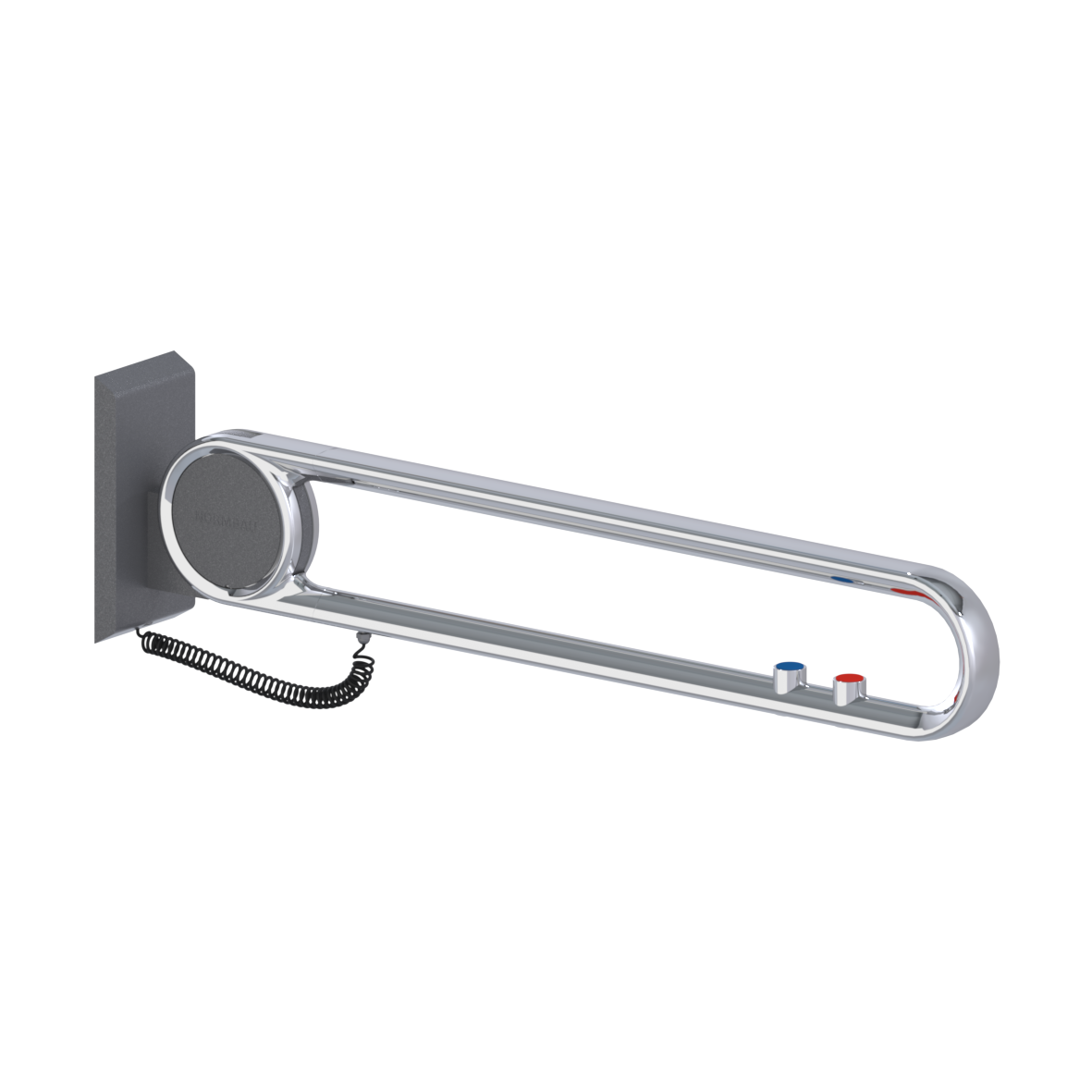 Cavere Care Chrome Lift-up support rail vario, with base plate, with 2 E-buttons (WC and call: NOC and NCC), left and right, L = 850 mm, connection covered with mounting plate, Chrome metallic anthracite