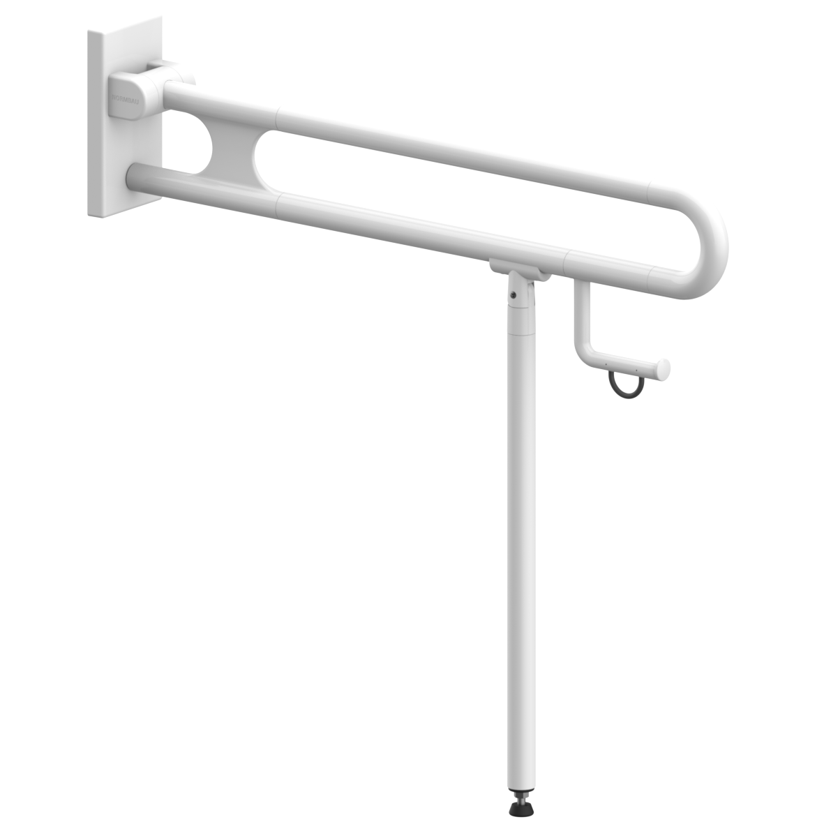 Nylon Care Stützklappgriff vario, mit Grundplatte, mit Papierrollenhalter und Bodenstütze (800 mm), L = 900 mm, Weiß Nylon Care Stützklappgriff vario, mit Grundplatte, mit Papierrollenhalter und Bodenstütze (800 mm), L = 900 mm, Weiß