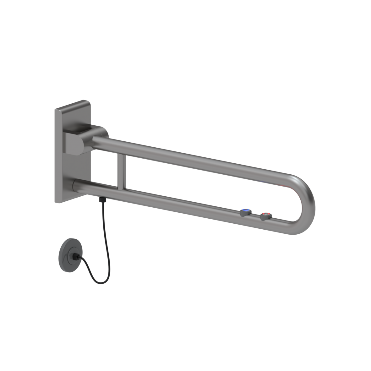 Inox Care Barre d'appui rabattable vario, avec platine de fixation, avec 2 boutons de commande LED (chasse d’eau et appel circuit fermé et ouvert NO et NC), L = 725 mm, raccordement caché avec rosace, Satiné Inox Care Barre d'appui rabattable vario, avec platine de fixation, avec 2 boutons de commande LED (chasse d’eau et appel circuit fermé et ouvert NO et NC), L = 725 mm, raccordement caché avec rosace, Satiné