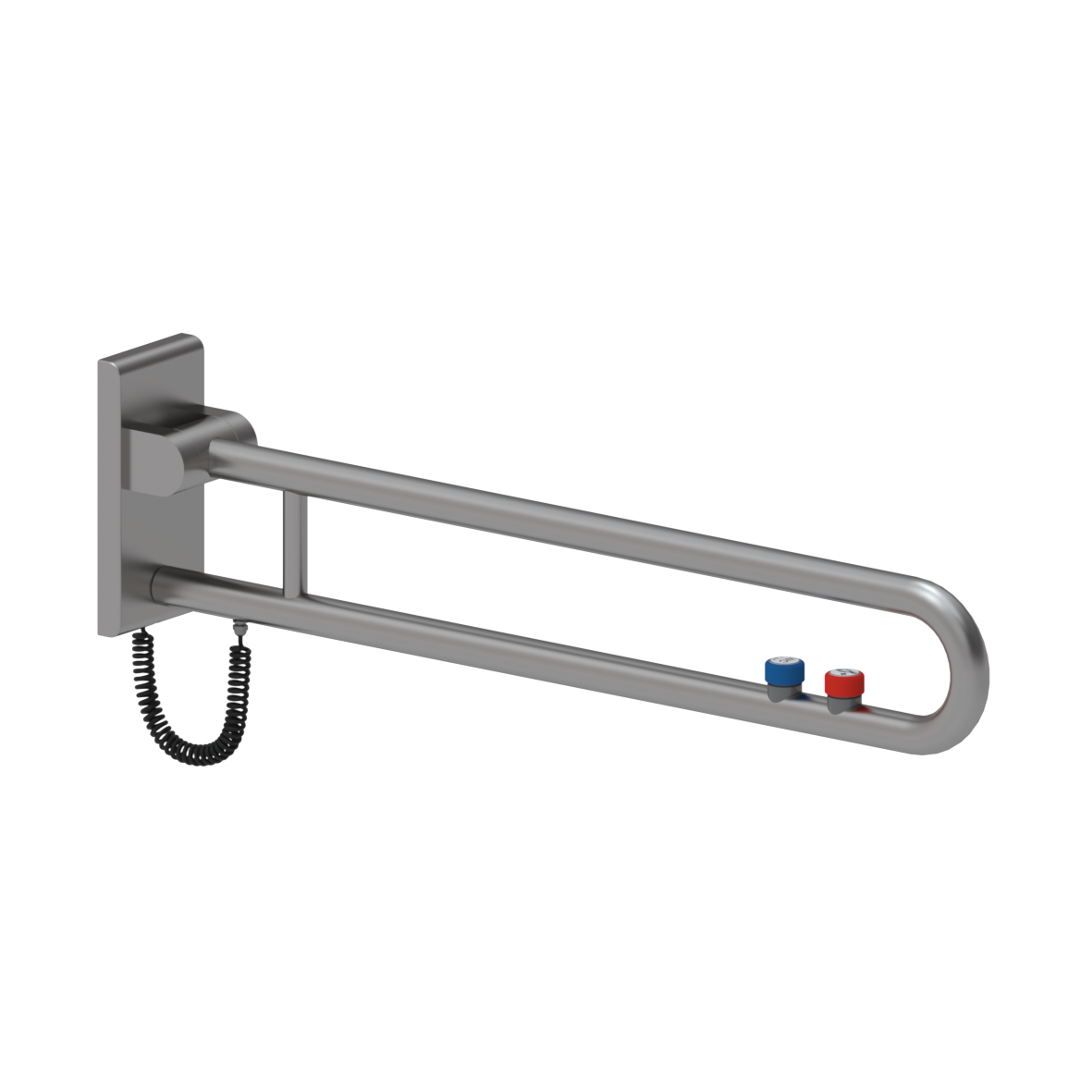 Inox Care Lift-up support rail vario, with base plate, with 2 E-buttons (WC and call: NOC and NCC), left and right, L = 850 mm, connection covered with mounting plate, Stainless steel