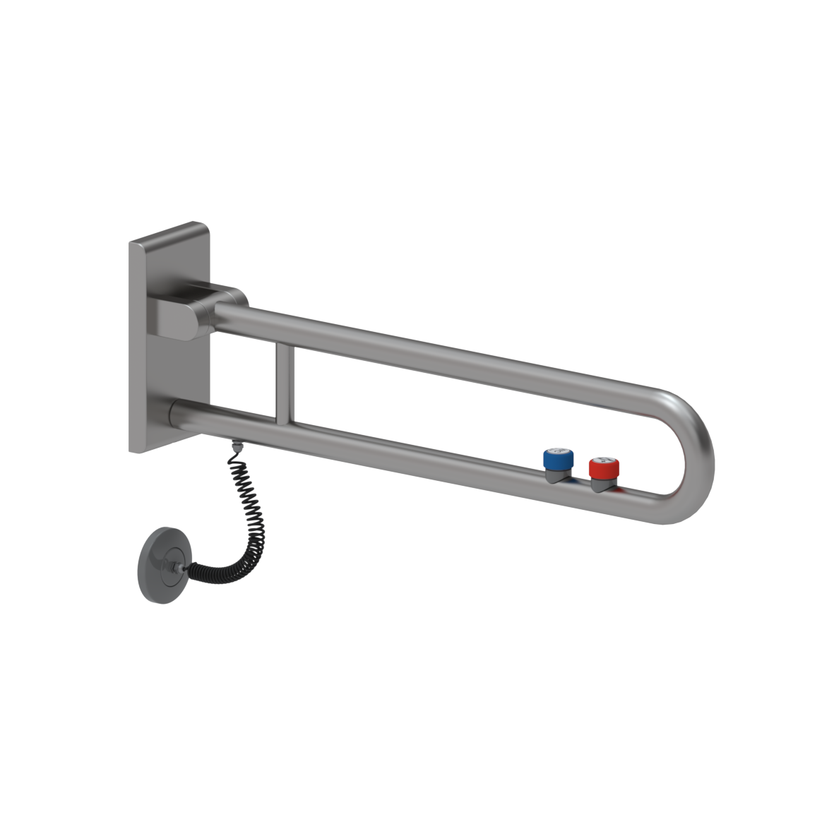 Inox Care Lift-up support rail vario, without base plate, with 2 E-buttons (WC and call: NOC (both)), left and right, L = 725 mm, connection covered with rose, Stainless steel