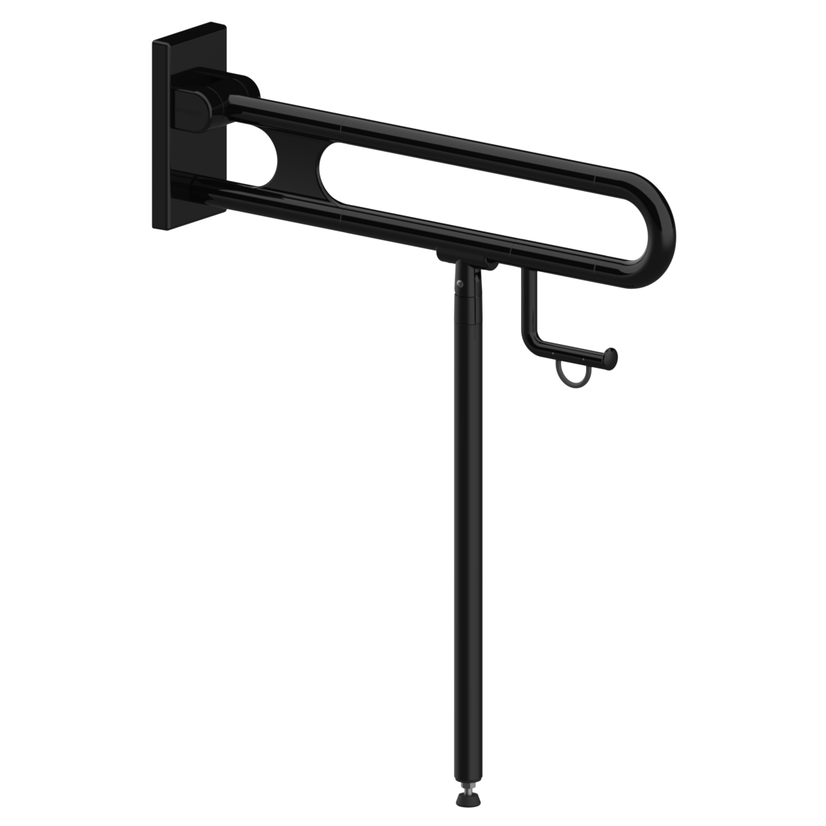 Nylon Care Lift-up support rail vario, with base plate, with toilet roll holder and floor support (800 mm), L = 725 mm, Black