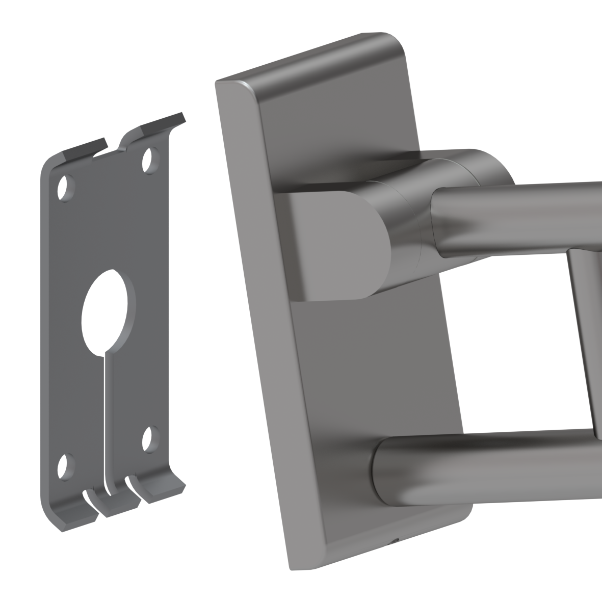 Inox Care Stützklappgriff vario, mit Grundplatte, mit 2 E-Taster (WC und RUF: Schließer und Öffner), L = 850 mm, Anschluss verdeckt mit Montageplatte, Edelstahl