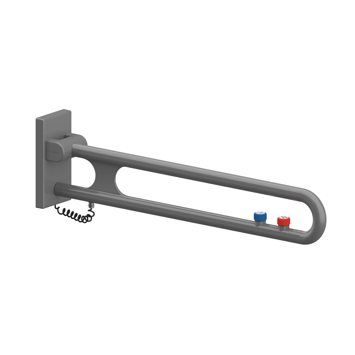 Nylon Care Lift-up support rail vario, with base plate, with 2 E-buttons (WC and call: NOC and NCC), left and right, L = 850 mm, connection covered with mounting plate, Dark grey